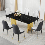 Juego de mesa y sillas. La mesa tiene un tablero de cristal con adhesivos imitación mármol y patas de acero inoxidable doradas. Se combina con 6 sillas de comedor de poliuretano empalmadas en blanco y gris oscuro. W1151S01558