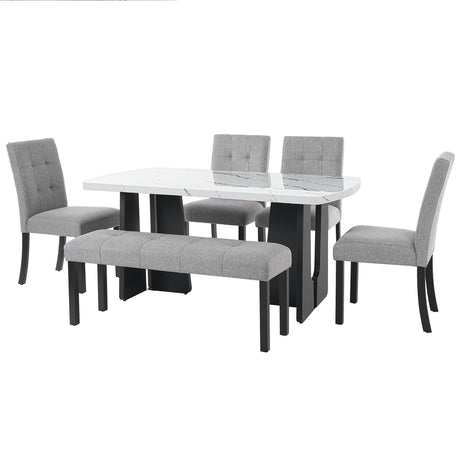 6 Piece Modern Dining Table Set, 63' Faux Marble Dining Table with Geometric Legs & 4 Upholstered Chairs & 1 Bench, Suitable for Dining Kitchen Room,Easy to Assemble, White+Gray - sold by Home Elegance USA