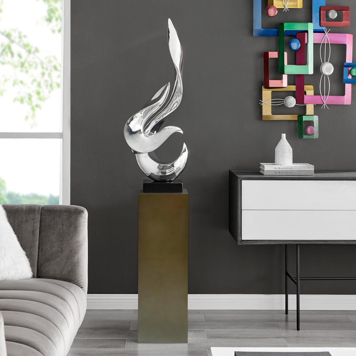 Flame 65" Tall Floor Sculpture // Chrome with Gray Stand  | Finesse