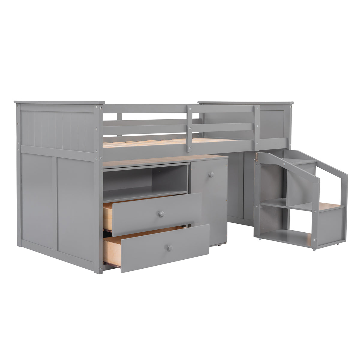 Loft Bed Low Study Twin Size Loft Bed With Storage Steps and Portable,Desk,Gray(OLD SKU: LT000101AAE) - Home Elegance USA