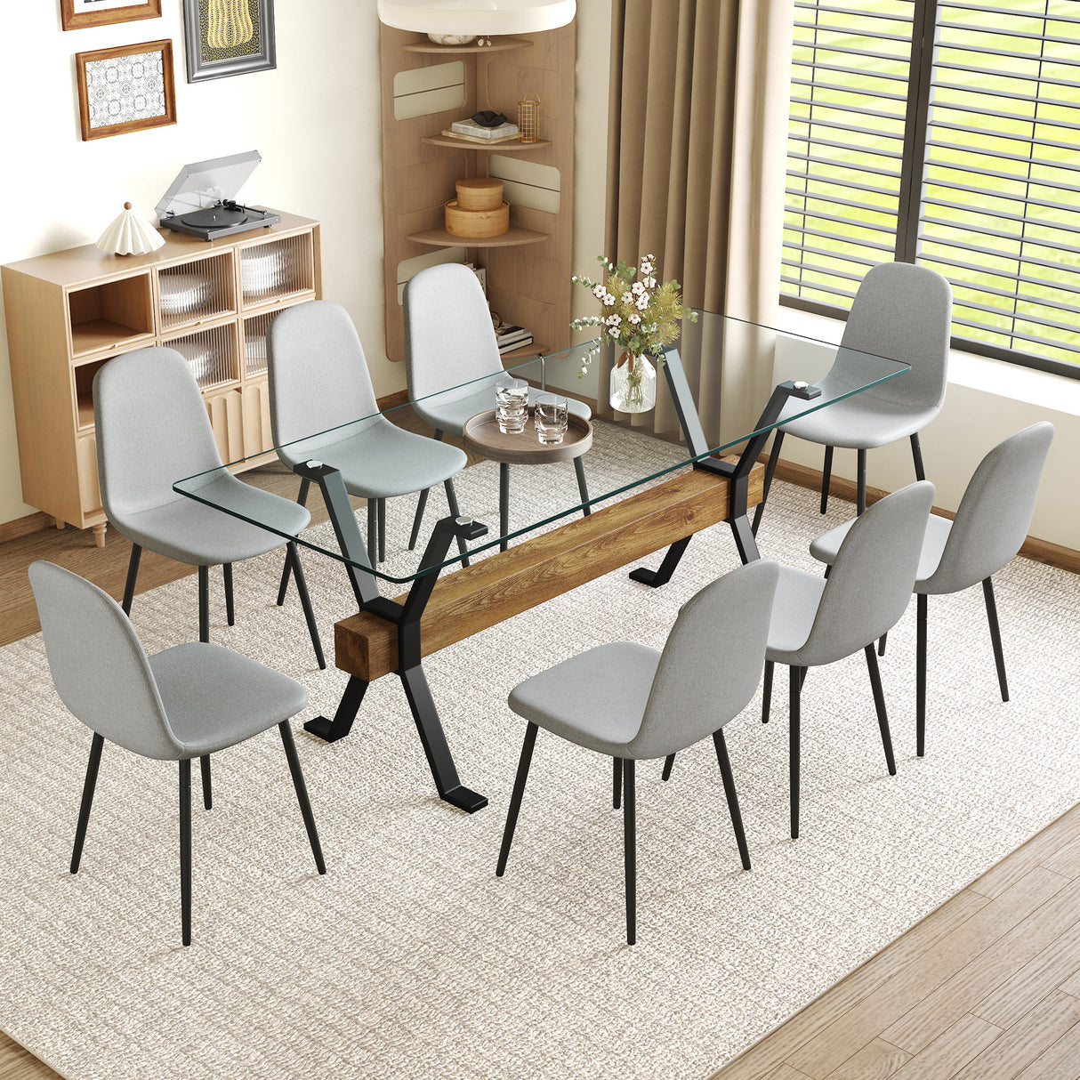 Table and chair set.79'x31.5' with X-shaped Black Metal Table Legs,Wood Grain Textured MDF Crossbeam.Paired With 8 Chairs Made Of Light Gray Lnen Fabric.Iron pipe spraying Legs.