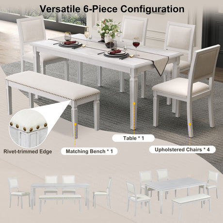 TREXM Vintage Extendable Dining Table Set for 6 with 4 Chairs & Bench, 59 to 72-Inch Rustic Farmhouse Kitchen Table Set with Distressed Finish and Retro Carved Legs (Washed White) - sold by Home Elegance USA