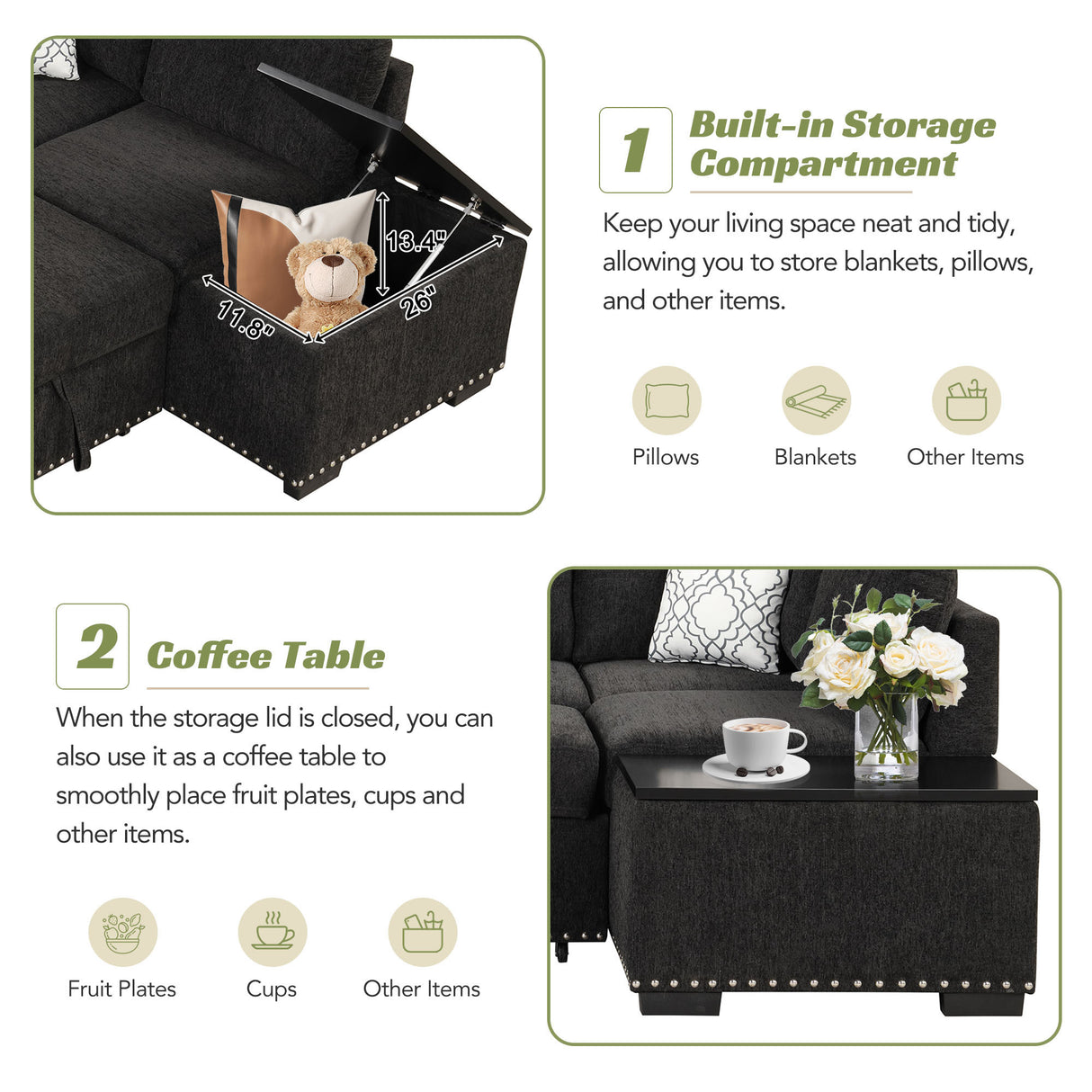 L-Shaped Reversible Sectional Sofa Bed with Storage - 83.8 inch, Pull-Out Couch, USB Ports, Power Outlets & Cup Holder, Black - Home Elegance USA