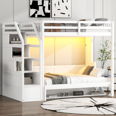 White Full XL Loft Bed with Storage Staircase, Murphy Bed, LED Light, Solid Pine and MDF, 101.2''L x 59.1''W x 73''H - sold by Home Elegance USA