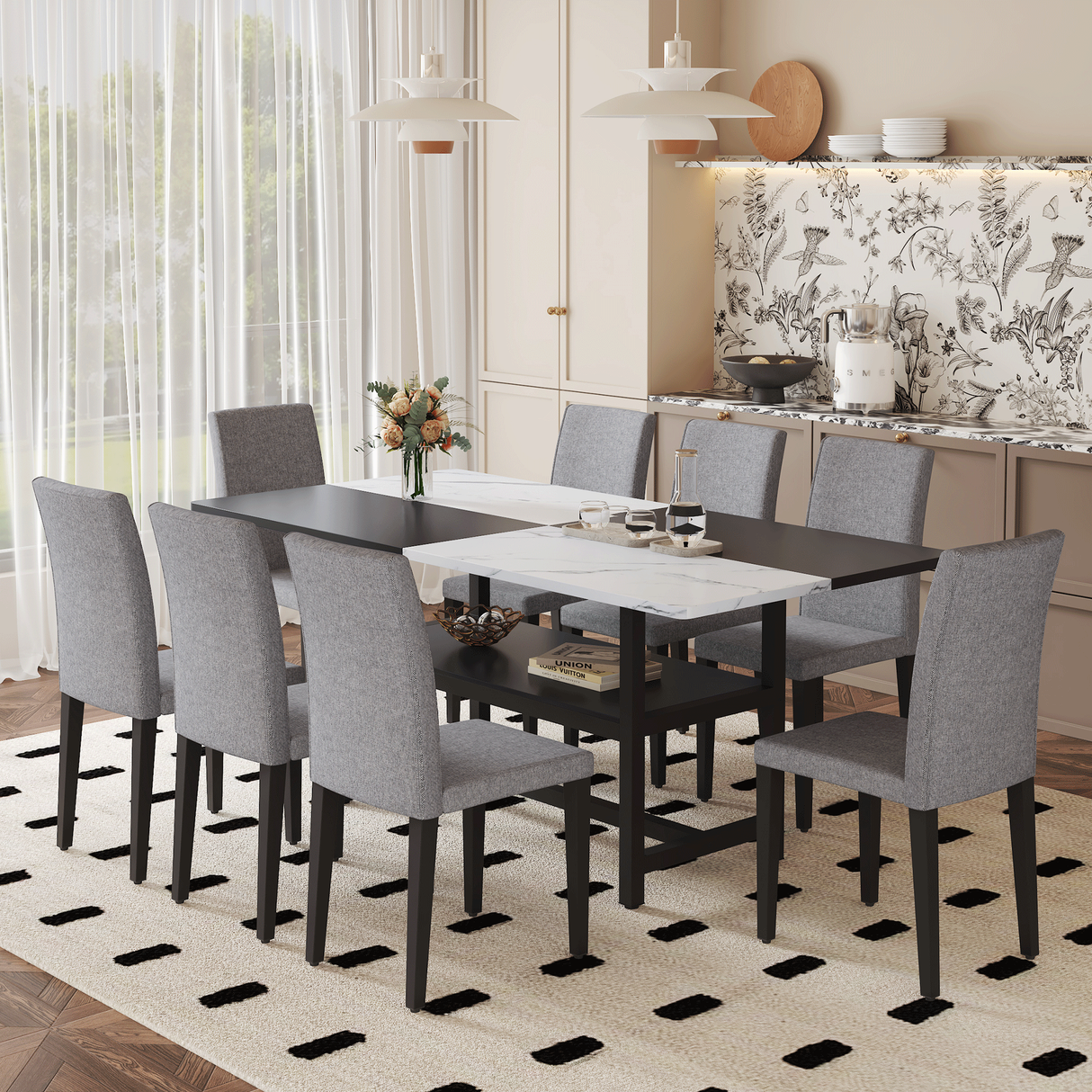 Table and chair set.71*35.4 inch White And Black Spliced Dining Table With Storage Function In The Middle Of The Table Legs.Paired With 8 Light Gray Linen-Cotton Dining Chairs, Simple And Versatile.