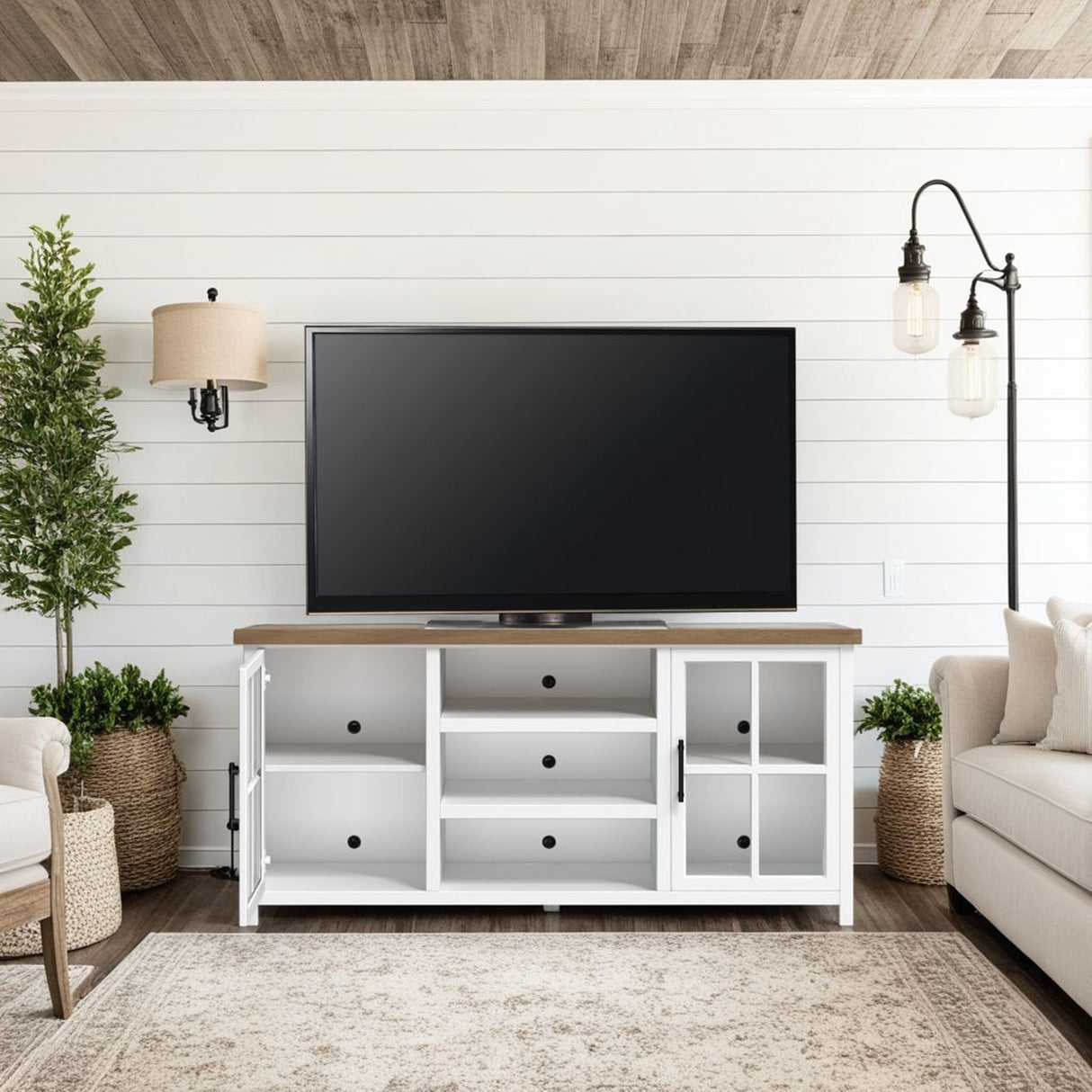 67 inch TV Stand Console for TVs up to 80 inches, No Assembly Required, Jasmine Whitewash and Barnwood Finish
