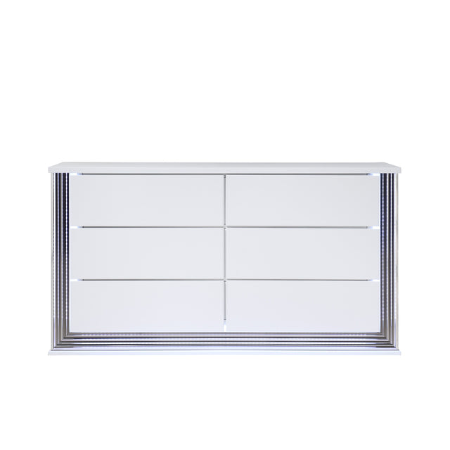 Moon Smooth White Dresser with LED Lighting in Solid Wood and MDF, 61 Inches