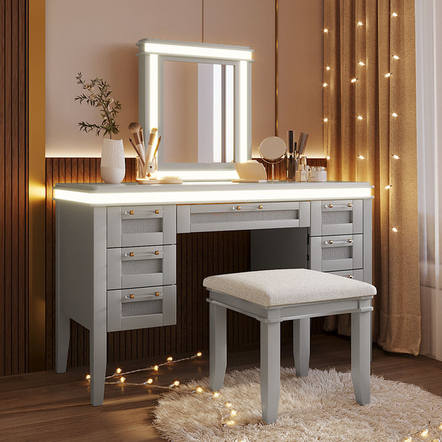 48' Vanity Desk with Mirror and Lights, Makeup Vanity with 7 Drawers and Cushioned Stool, Classic Grey Finish Dressing Table with Hollow Design Drawer for Bedroom, Rubber Wood Legs, Greyblue