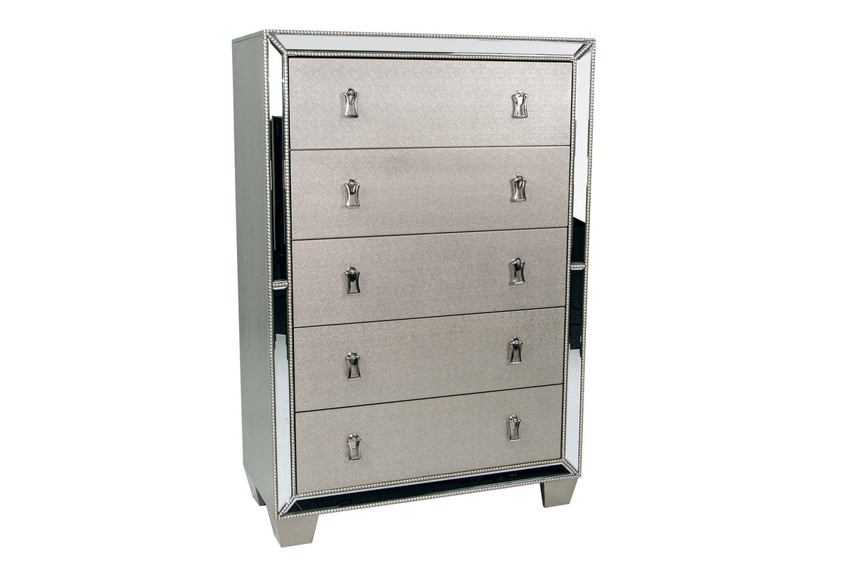 Traditional Silver Finish 1pc Chest Bedroom Furniture Stainless Deco Panel 5-Drawers Hanging Pull Storage Space