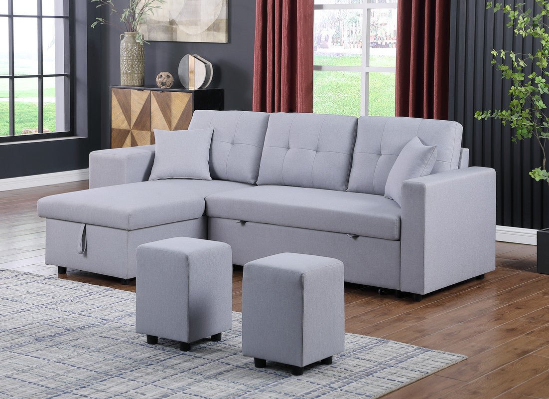 Dennis Light Gray Linen Fabric Reversible Sleeper Sectional with Storage Chaise and 2 Stools | Home Elegance USA