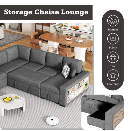 Modern Grey U-Shaped Sectional Sofa Bed with USB Ports, Storage Chaise & Pillows, Chenille Fabric, 109' - sold by Home Elegance USA