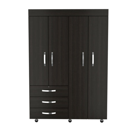 Hamilton Mobile Armoire, 4-Doors Cabinet, Three Drawers, Rods, Four Shelves, Black Wengue - Bedroom - sold by Home Elegance USA