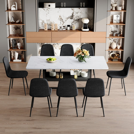 Table and chair set.71*35.4 inch White Grain Spliced Dining Table With Storage Function In The Middle Of The Table Legs.Paired with 8 Black Linen-Cotton Material High Resilience Dining Chair. - sold by Home Elegance USA