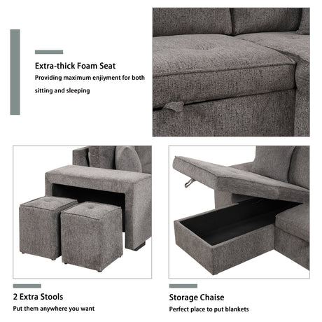 104.5' Modern L-Shape 3 Seat Reversible Sectional Couch, Pull Out Sleeper Sofa with Storage Chaise and 2 Stools for Living Room Furniture Set,Knox Charcoal (old sku:SG000431AAA) - sold by Home Elegance USA