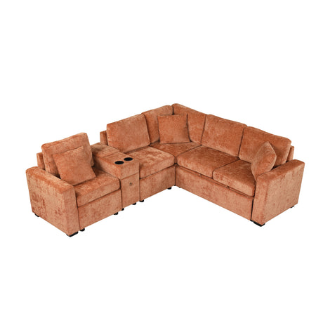 120.5' L-shaped Convertible Sofa Bed Modular Sectional Sofa Reversible Sleeper with Pull-Out Bed, Cup Holders, and Ample Storage Space for Living Room(Old SKU:N719S001940G), Orange - sold by Home Elegance USA