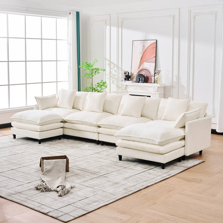 140.9-inch U-shaped modular sectional sofa, suitable for living room or bedroom. It comes with 2 movable ottomans, 4 cushions and 2 throw pillows. Made of soft cashmere fabric, in beige - sold by Home Elegance USA