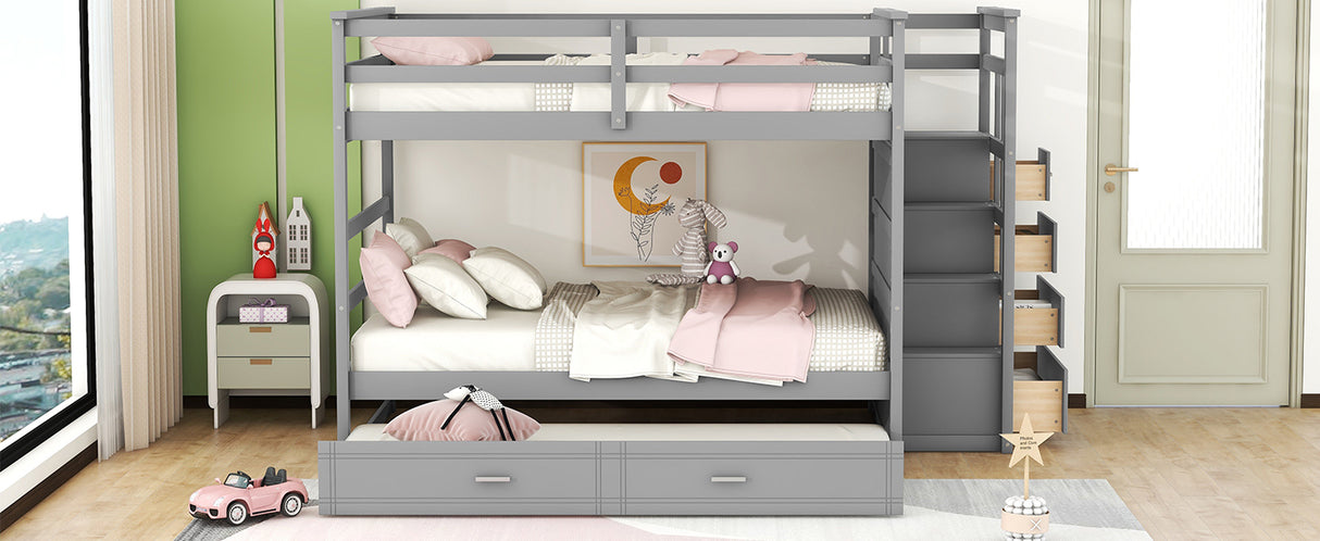 Full Over Full Bunk Bed with Twin Size Trundle and Staircase, Gray - Home Elegance USA