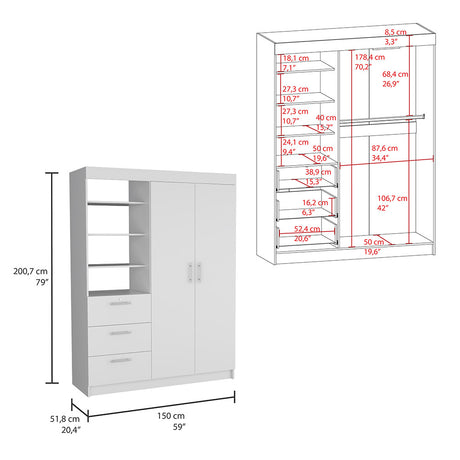 Kenya 3 Drawers Armoire, Double Door, 3-Tier Shelf -White - sold by Home Elegance USA
