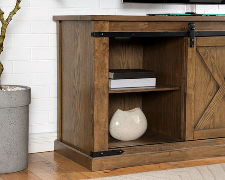 Rustic Style TV Console Base Sliding Doors Metal Accents Multiple Open Storage Shelves X-Design Front Doors Dark Oak Finish - sold by Home Elegance USA