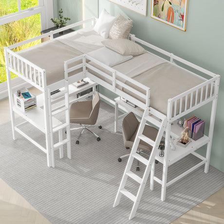 Wood Twin Size L-Shaped Loft Bed with Ladder and 2 Built-in L-Shaped Desks, White