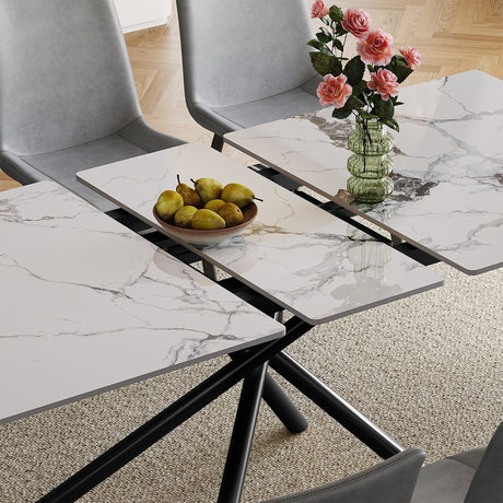 Modern 59-inch Expandable Dining Table with Retractable Leaf, Charred Stone Top & Black Carbon Steel X-Base, 4-8 Person Set with 8 Gray PU Chairs for Small Apartments, Kitchen - sold by Home Elegance USA