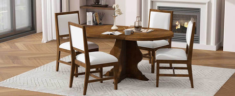 TREXM Farmhouse 5-Piece Dining Table Set with 4 Upholstered Chairs, Wood Extendable Dining Table with 15.7' Leaf for Extra Seating for Dining Room, Kitchen and Living Room (Brown) - sold by Home Elegance USA