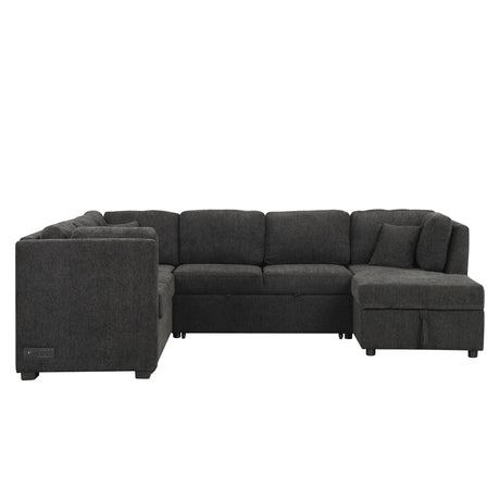 U-shaped Sectional Sofa Pull Out Bed with USB Ports, Power Sockets, Back Pillows & Storage Chaise, Black Chenille, 108.6' - sold by Home Elegance USA