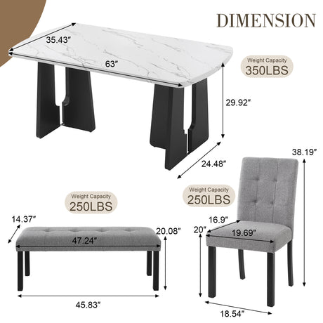 6 Piece Modern Dining Table Set, 63' Faux Marble Dining Table with Geometric Legs & 4 Upholstered Chairs & 1 Bench, Suitable for Dining Kitchen Room,Easy to Assemble, White+Gray - sold by Home Elegance USA