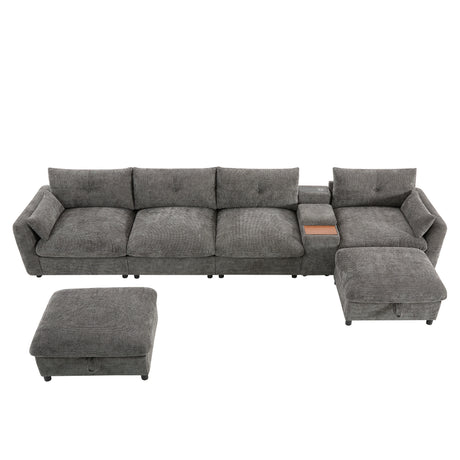136'' Modular Sectional Sofa with Console, Cup Holder, USB Charger, Movable Storage Ottoman, Pull-line&Tufted Design, U-Shaped Oversized Chenille Sofa for Living Room&Apartment,2 Colors - sold by Home Elegance USA