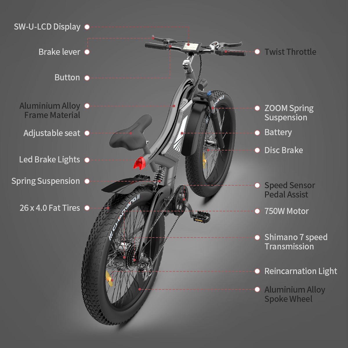 AOSTIRMOTOR S18 26" 750W Electric Bike Fat Tire 48V 15AH Removable Lithium Battery for Adults - S18 - GREY - Home Elegance USA - 5