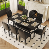 Table and chair set.71*35.4 inch Black Grain Spliced Dining Table With Storage Function In The Middle Of The Table Legs.Paired with 8 black PU dining chairs with ergonomic buckle backrest.