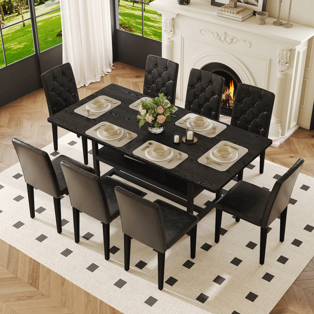 Table and chair set.71*35.4 inch Black Grain Spliced Dining Table With Storage Function In The Middle Of The Table Legs.Paired with 8 black PU dining chairs with ergonomic buckle backrest.