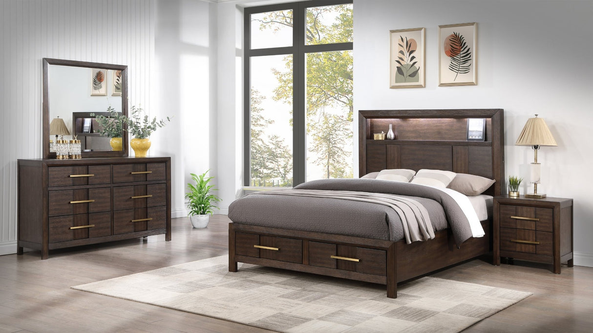 Modern Style Queen 4PC Storage Bedroom Set Made with Wood, LED Headboard, Bluetooth Speakers & USB Ports - Walnut