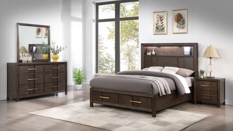 Modern Style Full 4PC Storage Bedroom Set Made with Wood, LED Headboard, Bluetooth Speakers & USB Ports - Walnut