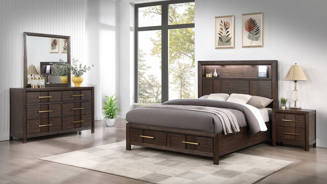 Modern Style Full 4PC Storage Bedroom Set Made with Wood, LED Headboard, Bluetooth Speakers & USB Ports - Walnut