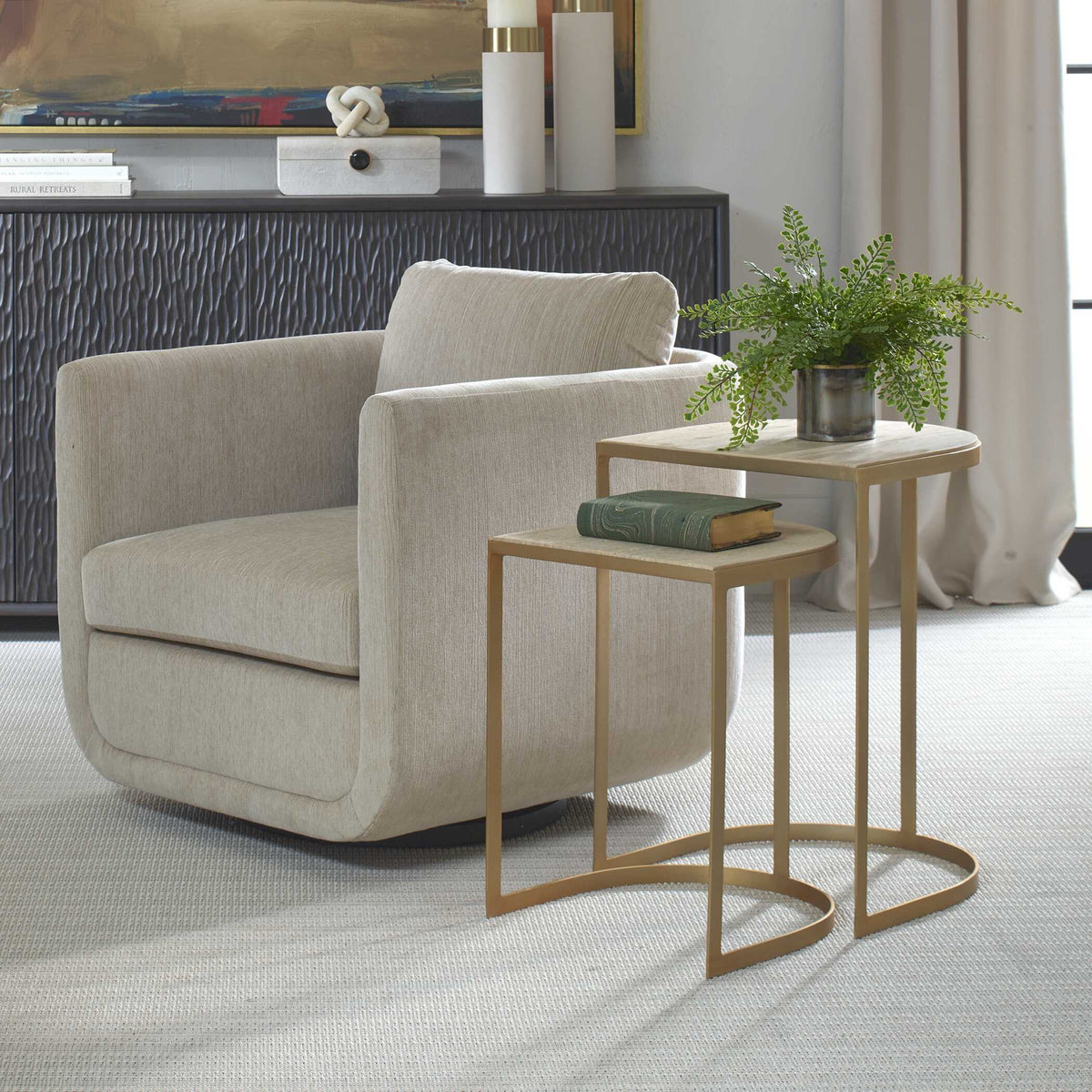 Lindon Travertine Nesting Tables Set - Gold / White by Uttermost - View 2