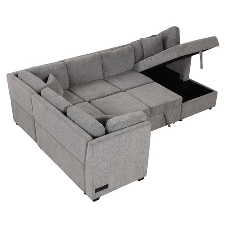 U-shaped Sectional Sofa Pull out Sofa Bed with USB Ports, Power Sockets, Storage Chaise, Light Gray Chenille, 108.6' - sold by Home Elegance USA