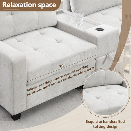 Chenille U Shaped Sectional Sofa with Acrylic Table Top, USB Charger, Storage Drawers, Pockets and Movable Ottoman - sold by Home Elegance USA