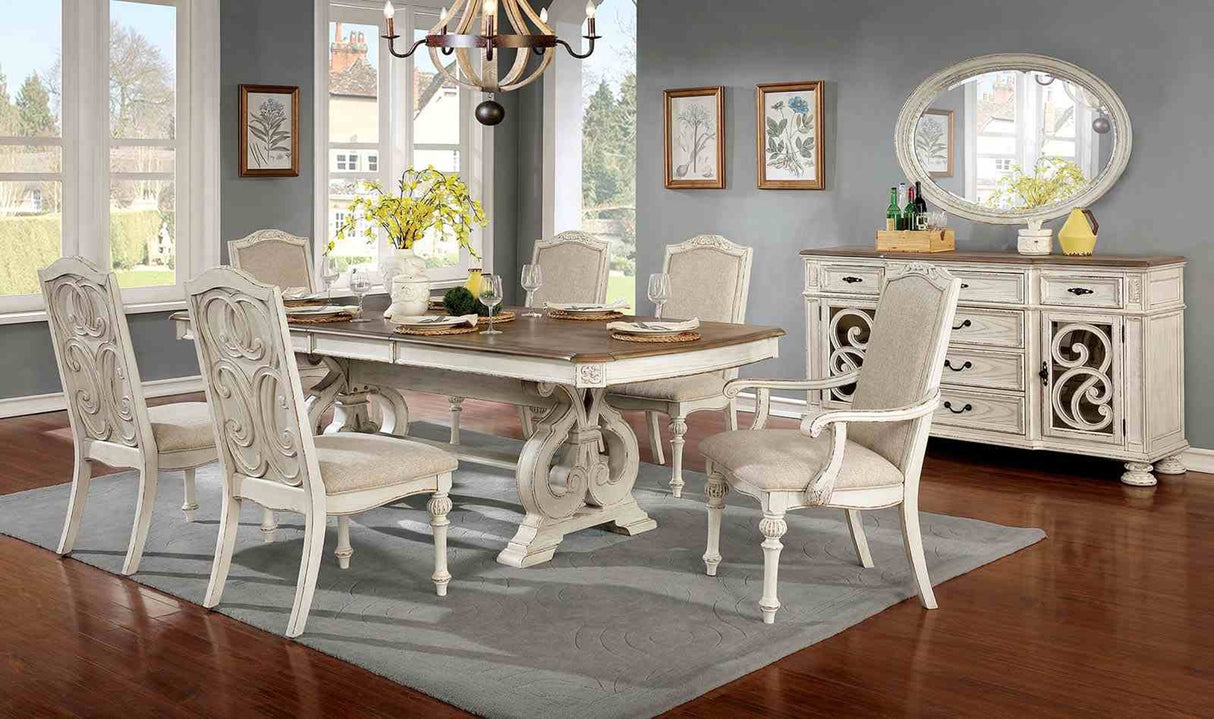 Antique White Dining Room 7pc Set Table W Leaf And 4x Side Chairs 2x Arm Chairs Ivory Fabric Upholstered Seat