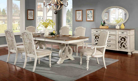 Antique White Dining Room 7pc Set Table W Leaf And 4x Side Chairs 2x Arm Chairs Ivory Fabric Upholstered Seat