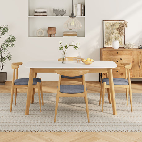 Mid-Century Modern 5-Piece Dining Set: Solid Rubberwood Table + 4 Gray Upholstered Chairs, White Oak Finish, Gray Fabric - sold by Home Elegance USA