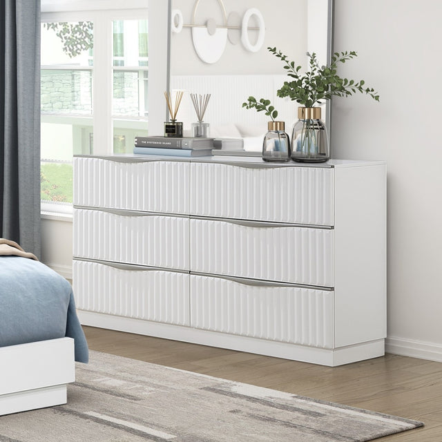 Luxurious Pearl White Finish Dresser of Six Drawers Textured Panel Sleek Handles Glam Bedroom Furniture 1pc Storage Cabinet