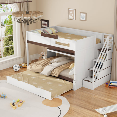 Full Over Full Bunk Bed with Twin Size Trundle and Staircase, Shelves, LED,White - sold by Home Elegance USA