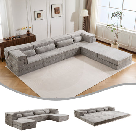Compression Mahjong Sofa,Convertible Floor Sofa Bed,DIY Boneless Modular Sectional Sofa,No Assembly Required,Circle fleece fabric,Oversized 4 Seater with 2 Ottoman,Light-grey - sold by Home Elegance USA