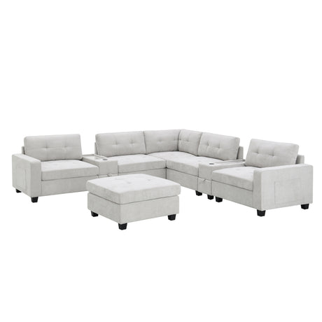 Chenille U Shaped Sectional Sofa with Acrylic Table Top, USB Charger, Storage Drawers, Pockets and Movable Ottoman - sold by Home Elegance USA