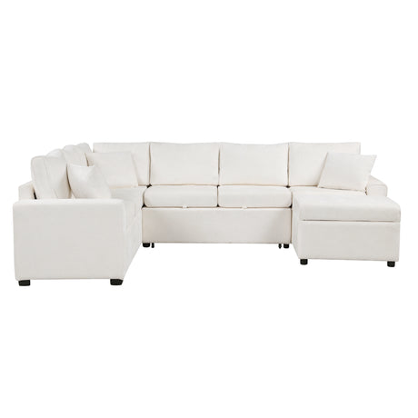 Cream Tweed Chenille Sectional Sofa with Pull-out Bed and Storage Ottoman, 112.2' for Living Room - sold by Home Elegance USA