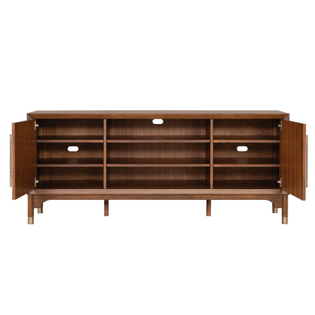 Mid-Century Modern TV Stand Gold Capped Legs Adjustable Shelves Walnut Finish - sold by Home Elegance USA
