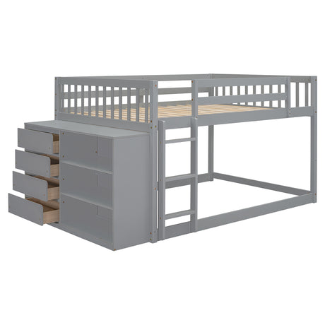 Stylish Full Over Full Bunk Bed with 4 Drawers and 3 Shelves, Gray Solid Wood