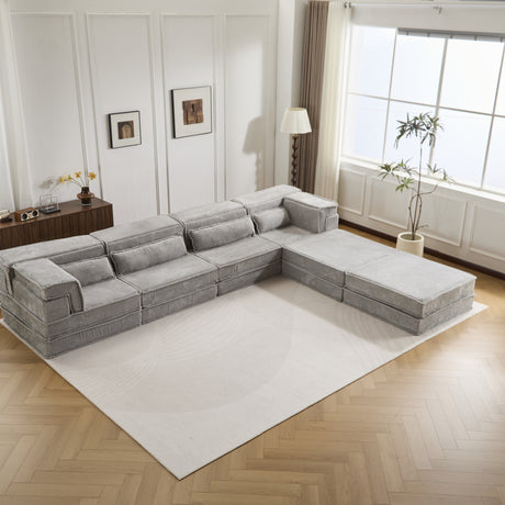 Compression Mahjong Sofa,Convertible Floor Sofa Bed,DIY Boneless Modular Sectional Sofa,No Assembly Required,Circle fleece fabric,Oversized 4 Seater with 2 Ottoman,Light-grey - sold by Home Elegance USA