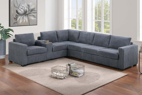 Modern Style L-Shape 4pc Sectional Set Dark Gray Finish Reversible Loveseat USB Ports Cup Holder Armless Chair Plastic Legs Corduroy Upholstered Primary Living Room - sold by Home Elegance USA